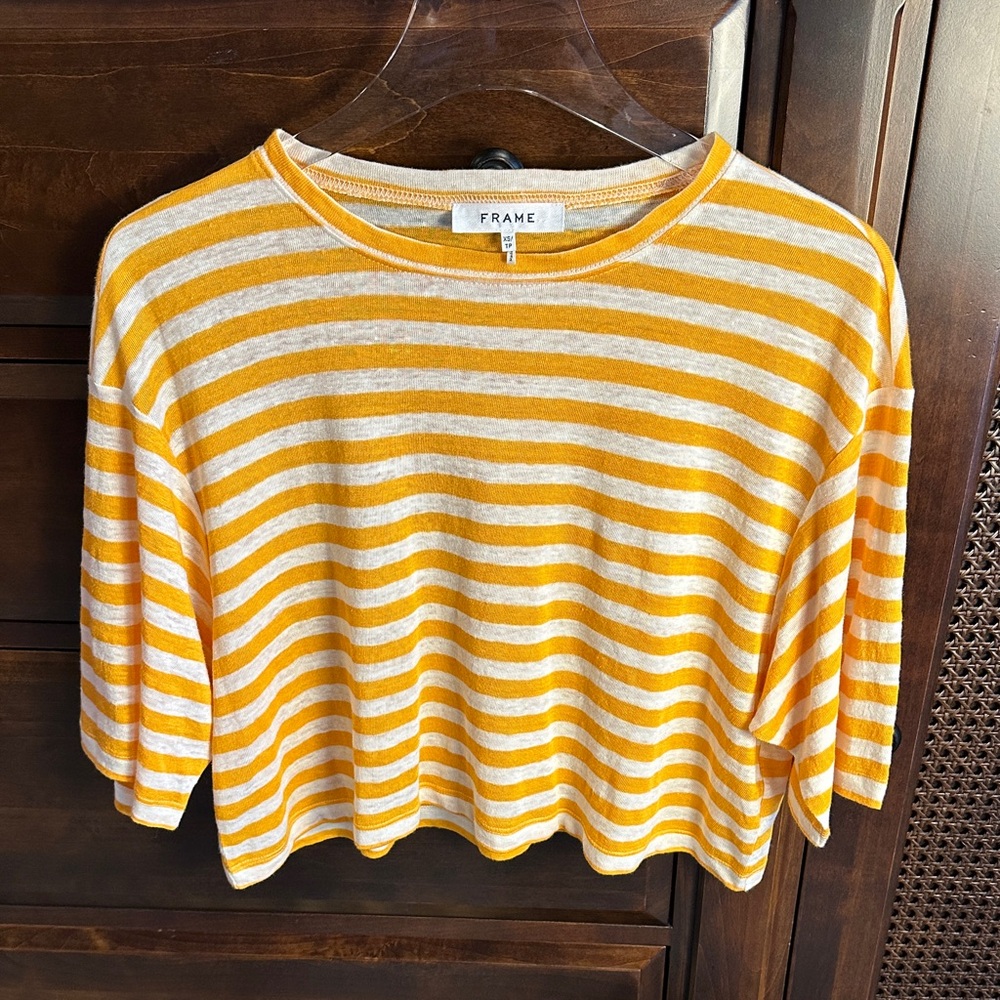 FRAME DENIM 100% Linen Striped Oversized Tee Orange/White SZ XS NEW WITHOUT TAGS